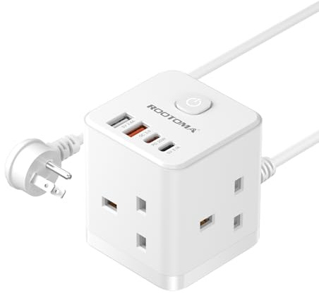 UK to US Plug Adaptor 3 Way 4 Fast Charging USB (QC3.0/PD20W) | 1.5M Extension Cable, Compact Cube USA Travel Adapter for American, Thailand, Canada, Mexico, Type B
