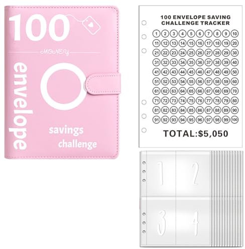 Aorwh Geldspar-Challenge mit 100 Umschlägen, Challenge-Ordner mit 100 Umschlägen, Geldsparordner, Haushaltsbuch (Rosa)