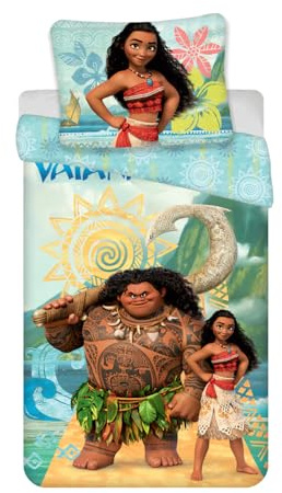 Vaiana Oceania Enkelsäng Påslakan 140x200 + Örngott 50x70 Bomull Disney | Vändbart sängset | Naturlig bomull andningsbar | Officiellt Disney | Flickor 4-10 | Present | Maskintvättbar | Presentidé