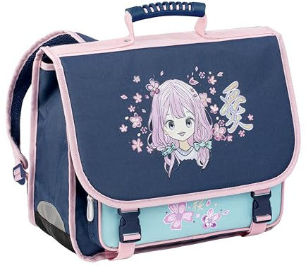 Viquel - Cartable primaire MANGA - Cartable fille 2 compartiments - Sac Scolaire Ergonomique avec Bandes réfléchissantes, Compartiments multiples - Bleu