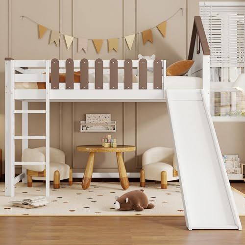 Wiuzo Hochbett, Mit Dach und Fenster, Mit dreistufiger gerader Leiter, Jugendbett, Kinderbett mit Rutsche, Kiefer+MDF, Weiß+Walnuss, 90x200cm