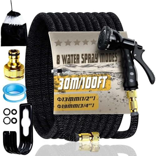 100FT Expandable Garden Hose Pipe,Flexible Expanding Magic Hose with 8 Pattern Spray Modes, Retractable Hose Pipe with 3/4 1/2 Fittings for Gardening, Cleaning, Household (Black)