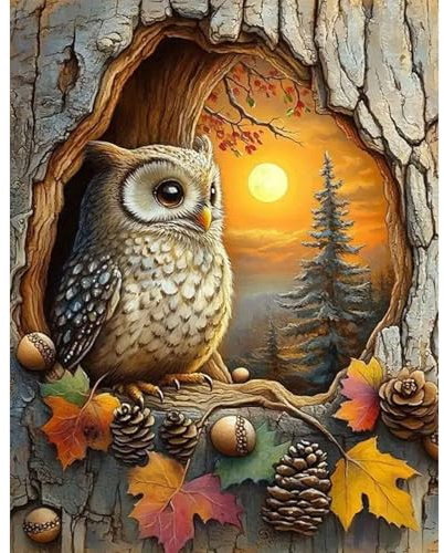 GLIDIAM 40x50cm Diamond Painting Eule Baumhöhle, Diamant Malerei Bilder Tiere Sonnenuntergang, DIY Full Drill Basteln Erwachsene, Mosaik Stickerei Kreuzstich Geschenk für Wanddeko Wohnzimmer