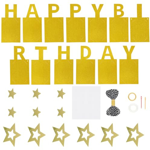 Dewocke Geburtstag Girlande, Fotogirlande zum Geburtstag Happy Birthday, Foto Hängende Wanddekoration, Happy Birthday banner, für Party Dekor Mädchen/Jungen, Golden(Letter)