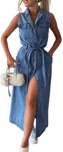KOOSUFA Vestido vaquero para mujer, sin mangas, largo vaquero, con botones, vestido de camisa vaquera, vestido de verano, vestido largo, vestido informal, vestido de camisa, vestido envolvente con