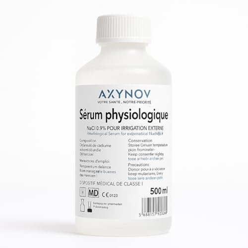 NaCl 0,9% Suero fisiológico – Solución salina fisiológica isotónica, para lavado nasal bebé y adulto, limpieza de nariz y heridas para irrigador nasal -Suero fisiológico en botella AXYNOV (500 ml)