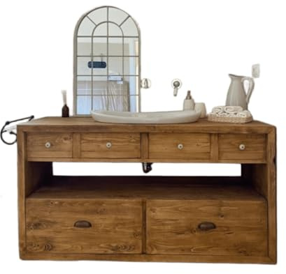 Mobile bagno | legno massello di abete | piano intero | cassettoni inferiori | lavabo non incluso | finitura liscia naturale (Finti cassetti superiori)