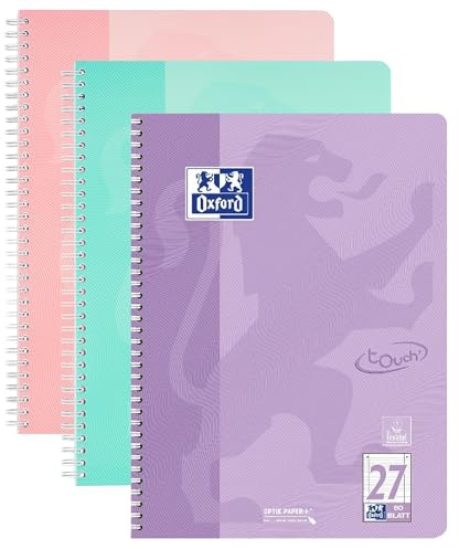 Oxford TOUCH A4+ Collegeblock, 80 Blatt, OPTIK PAPER+®, Doppelspirale, Mikroperforation, scribzee kompatibel, 3 Stück (pastell sortiert | liniert)