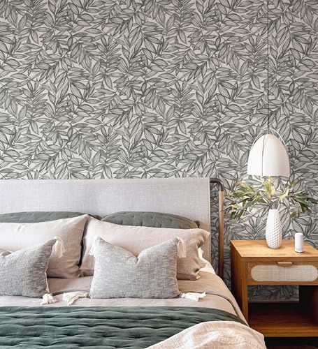 GAULAN 682971 - Papel pintado de diseño con hojas negras impresas en fondo textil para pared salón cocina baño dormitorio pasillo - Rollo de 10 m x 0,52 m