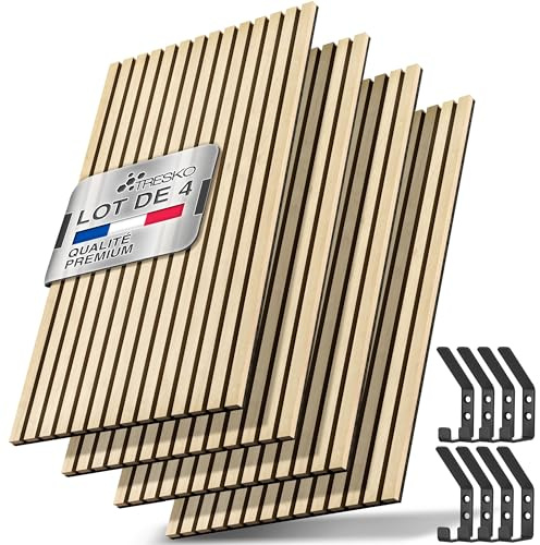 TRESKO Lot de 4 panneaux acoustiques en bois - 120 x 60 cm - Avec 8 crochets à vêtements - Revêtement mural en chêne clair comme mur à lamelles 3D - Panneaux en bois pour isolation acoustique