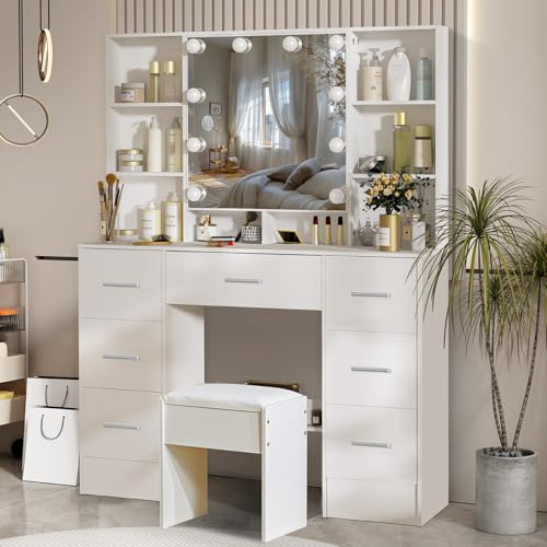 Saimeihome Sminkbord med LED-belysning och Spegel, 3 Ljuslägen, Vitt Toalettbord med Pall, 7 Lådor & 8 Hyllor, för Sovrum 100x40x140 cm