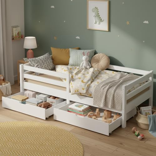 Bellabino Iskri Montessori Kinderbett 90x200 cm, Weiß, 2 Schubladen, Kiefer | Holzbett aus Massivholz, mit Rausfallschutz, mit Lattenrost, für Jungen & Mädchen, Kleinkindbett, Jugendbett, Stauraumbett