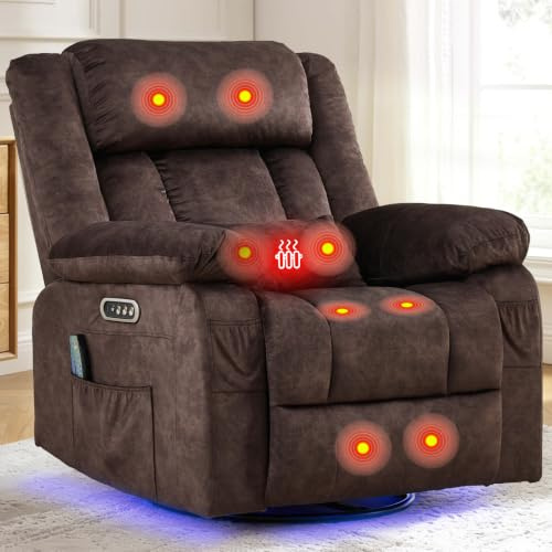 ZRNINR Relaxsessel mit Massagefunktion, Fernsehsessel Elektrisch Verstellbar, 240°Drehbarer Relaxsessel mit Liegefunktion, Schaukelsessel Wohnzimmer Kinosessel mit LED, Mokkabraun