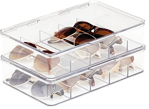 mDesign Plastic Stackable Eyeglass Case Storage Organizer with Hinged Lid for Unisex Sunglasses, Reading Glasses, Fashion Eye Wear, Protective Glasses, 5 Sections, Ligne Collection - 2 Pack - Clear