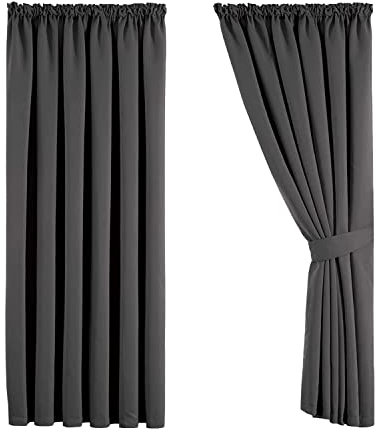 Aspire Homeware Blackout Curtains for Bedroom - Pencil Pleat Grey Black Out Curtains with Tiebacks 90x72 inch Drop Super Soft Thermal Insulated Tape Top Soundproof Window Curtain Drapes, 2 Panels