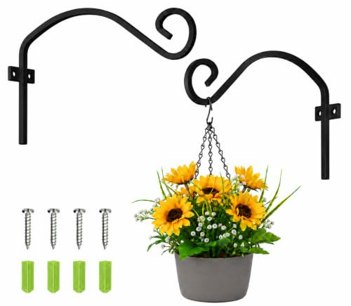 2 x Black Hanging Basket Bracket - Fittings Included – Heavy Duty Hanging Basket Brackets Outdoor - Hanging Hooks - Elegant Design to Display Your Outdoor Flower Baskets and Bird Feeders