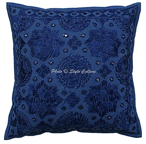 Stylo Culture Boho Forros De Cojines Decorativa 40x40 cm Algodón Espejado Fundas Almohadones Sofa Azul 16x16 Inch Bordado Cuadrado sobre Funda Cojin Cama - 1 Pc