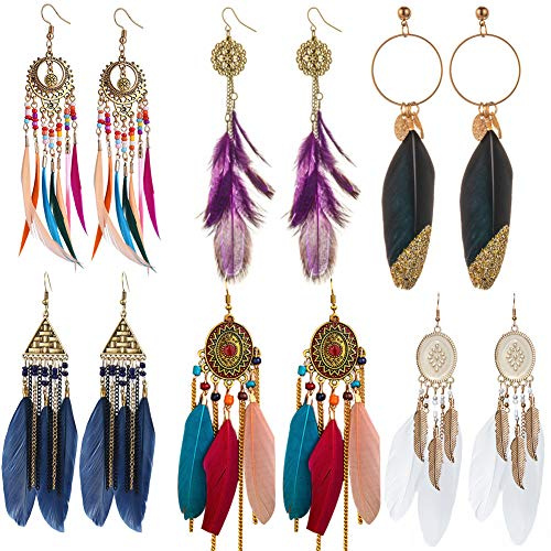 6 Paar Damen Fransen Feder Ohrringe Bohemien für Frauen Bohemian Faux Feder Ohrringes Kunstfeder Ohrringe Feder Böhmische Fransen Ohrringes für Frauen A