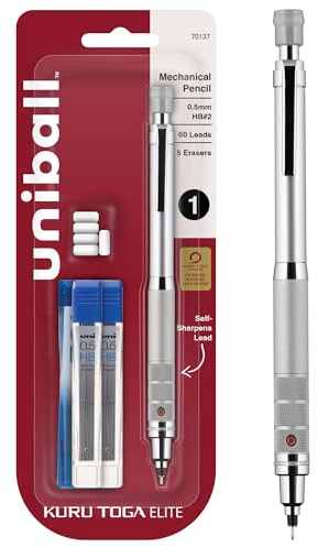uniball Kuru Toga Elite Mechanical Pencil Starter Kit, 0.5mm, HB #2, Silver Barrel, 1 Pack