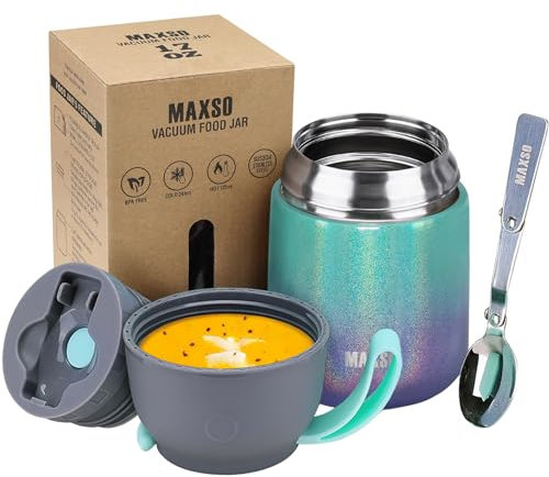 Thermos per Alimenti 500ml, Contenitore Termico per Alimenti di Acciaio Inossidabile con Cucchiaio Pieghevole, Isotermico Sottovuoto per Cibi Caldi e Freddi (arcobaleno)