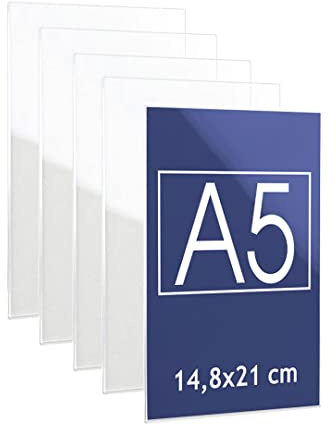 Danieli Store - Soporte de Pared de Metacrilato A5 Vertical para Carteles. Expositor con Adhesivo Doble Cara para Pared y Cristal. Soporte de Acrílico Transparente para Avisos (5 unidades)