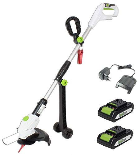 TRUTZHOLM Akku Rasentrimmer inkl. 2X 20 V 2,0 Ah Akku & Ladegerät Schnittkreis 26 cm 2in1 Trimmer & Kantenschneider mit Schutzhaube Kantenschutzbügel Führungsrädern Motorsense inkl. 60x Ersatzmesser