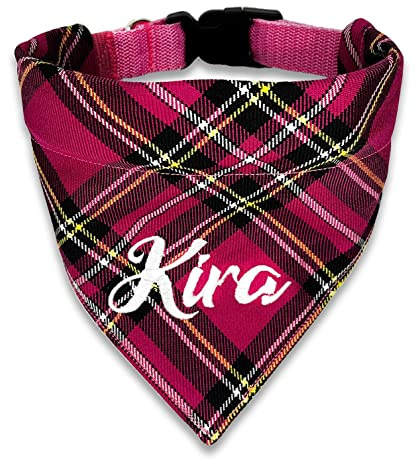 Hundehalstuch mit Hundehalsband Verstellbar mit Namen bestickt Schotten Karo 6 Farben (Pink)