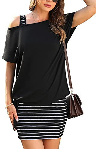 Gyabnw mini pennklänning för kvinnor 2 i 1 sommar t-shirt + klänning avslappnad axellös bodycon-klänning elegant festklänning sexig tunika klänning, Svart + mörkgrå, M