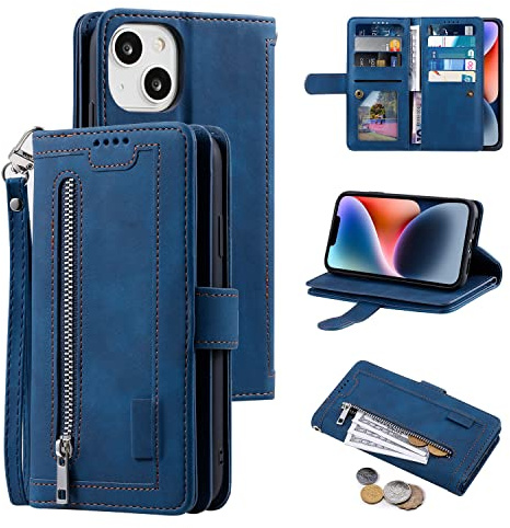 UEEBAI Wallet Case for iPhone 13 6.1 inch, Retro 9 Card Holder Slots Zipper Pocket Handbag Case PU Leather Magnetic Closure Kickstand with Wrist Strap TPU Shockproof folio Case - Blue