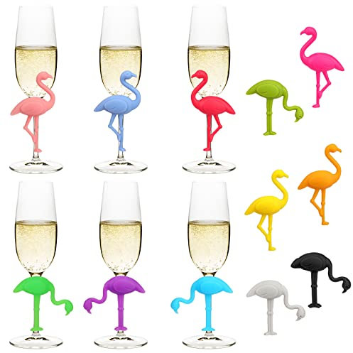 12Stück Weinglasmarkierer Glas Markierung Silikon Wein Trinken Marker Weinglas Anhänger Glasmarkierer Weinzubehör Etiketten Flamingo Weinglas Dekoration für Wein, Cocktail, Champagner, Bier
