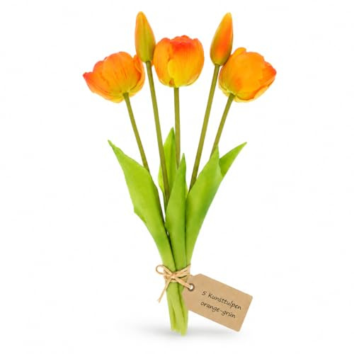 MIJOMA Konstgjorda tulpaner, konstgjorda blommor, äkta touch, bordsdekoration (5 stycken – längd 28 cm, orange-grön)