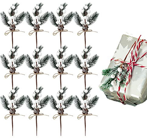 Teahutty 12 Stück künstliche Stechpalmen-Zweige, rote weiße Beeren-Tannenzapfen, 20,3 cm, beflockte Stechpalmen-Weihnachtsbeeren-Stiele für DIY-Weihnachten, Handwerk, Kranz, Dekoration