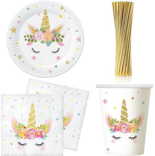Playflip Kit de fête licorne - Décoration d'anniversaire - Vaisselle jetable
