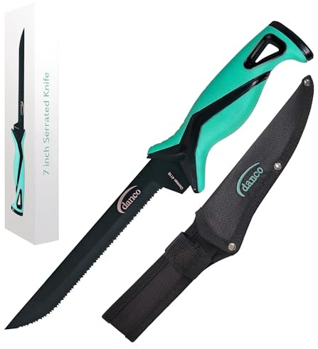 danco Pro Series 7 Serrated Knife | Full Tang German G4116 Stainless-Steel Blades with Teflon Coating, Molded Nylon Sheath, Perfect for Saltwater Fishing & Hunting
