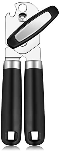 Rainspire Can Opener Manual Handheld Strong Manual Can Opener Smooth Edge Cut, Can Opener Heavy Duty, Comfortable Soft Handle, Built-in Bottle Opener, Black