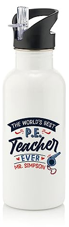 Getagift P.E. Teacher Gift, Personalised The Worlds Best P.E. Teacher Gift, Stainless Steel 600ml Water Bottle with Straw. (White)