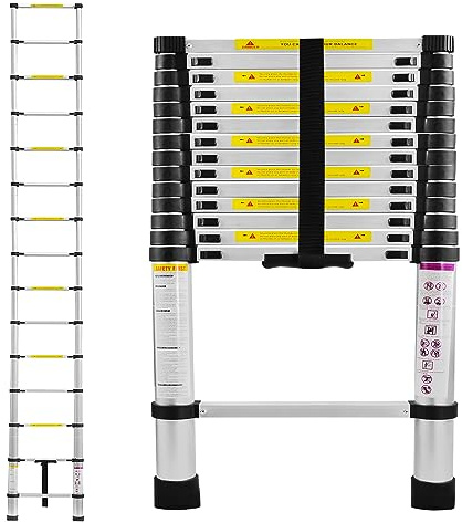 SUBTLETY Teleskopleiter 4,4M Aluminium Leiter Ausziehbar Klappleiter Aluleiter 15 Stufen Stehleiter Rutschfester Ausziehleiter Mehrzweckleiter Anlegeleiter für Belastbarkeit 150KG, Silber