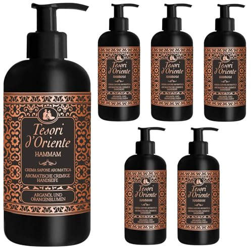 TESORI D'ORIENTE Cremeseife 'Hammam' 6 x 300 ml Flüssigseife Handseife Spender Argan-Öl und Orangenblüte aromatische Handseife, Wellness-Rituale für Körper & Sinne