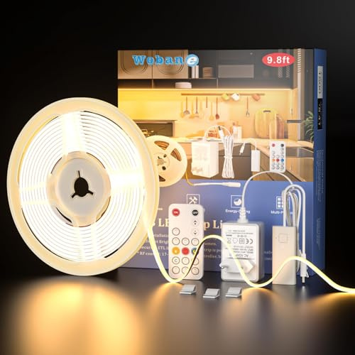 WOBANE 3m COB LED Streifen Warmweisß Dimmbar, Fernbedienung, 1500lm CRI 90+ | 960 LEDs, Keine Dunklen Bereiche, Selbstklebend, 12V Netzteil, Flexibel & Kürzbar, für Schlafzimmer, Schreibtisch, Werkbank