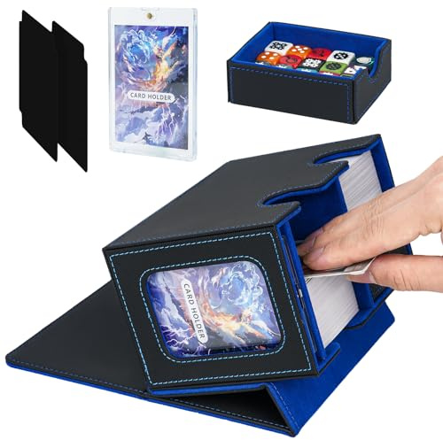 Jaffzora Boîte de rangement pour cartes MTG Commander, grande boîte de rangement pour cartes à collectionner, TCG, peut contenir 150 cartes à double pochette, noir et bleu