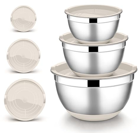 Joyfair Set di 3 ciotole in acciaio inox con coperchio ermetico e fondo antiscivolo, per cucina/cottura/preparazione, lavabili in lavastoviglie, 4,6 l, 2,8 l, 1,2 l (cachi)