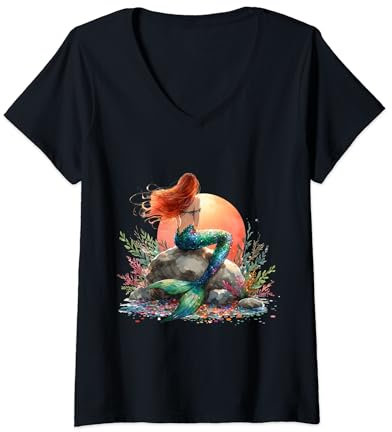 Damen Meerjungfrau Ocean Splash Regenbogen Schwanz Meer Meerjungfrauen Flosse T-Shirt mit V-Ausschnitt