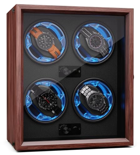 Klarstein Uhrenbeweger für Automatikuhren, Automatik-Uhrenbeweger für 4 Uhren, Automatikuhr Uhrenbeweger mit Acryl-Tür, Automatischer Uhrenbeweger, Blaue LEDs, Watch Winder mit 4 TPD Einstellungen