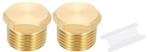 PATIKIL 1/2 NPT Male Brass Pipe Plug Fitting Set, 2Pcs Outer Hex Thread Socket Plug Ends Sealing Tubing Fitting with PTFE Tape for Refrigeration, Water, Air, Oil, Gas Line