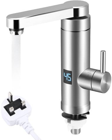 Instant Hot Water Tap, 360° Swivel Stainless Steel Electric Hot and Cold Mixer Water Heater Faucet with Digital Display, 3S Instant Tankless Electric Hot Water Faucet for Kitchen Bathroom (3000W)