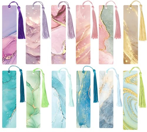 BETESSIN Ästhetische Lesezeichen Papier - 12x Lesezeichen mit Marmorierung Mustern - Geschenk Tags mit Quasten - Blanko Lesezeichen zum Basteln & Beschriften - Lesezeichen Selbst Gestalten