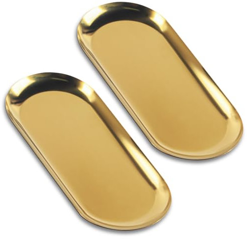 Vassoio da servizio oro, 2 pcs Vassoio decorativo dorato, Vassoio per gioielli ovale, Vassoietto portaoggeti in acciaio inox, Ciotola Vassoio per cosmetici, frutta, dessert, candele, 32x12 cm