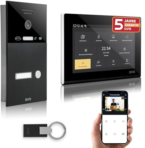 GVS IP Video Türsprechanlage mit Türöffner, RFID, 1x 7 Zoll Monitor & App | Smarte Video Türklingel mit Kamera und Monitor & App - Gegensprechanlage für 1 Familienhaus (AVS4284U)
