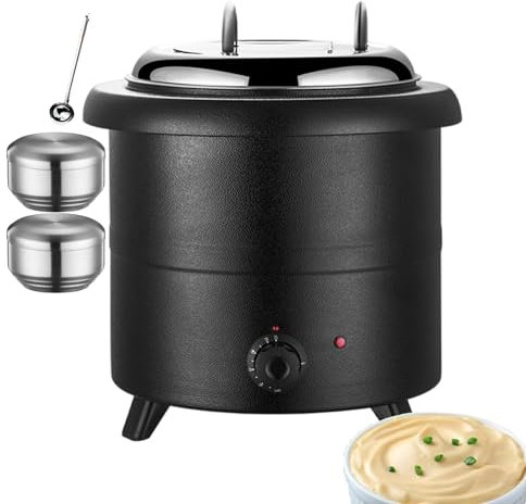 forplubossmmp Scaldazuppa Elettrico da 13 Litri con 2 Mini Ciotole per Riso E 1 Cucchiaio per Zuppa, Scaldavivande da Buffet in Acciaio Inox, Scaldazuppa da Banco per Uffici, Conferenze, Mense,Black