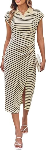 GRACE KARIN Vestido Midi Casual a Rayas para Mujer de Manga Corta con Cuello en V Vestido Tipo Camiseta Vestido Ajustado con Abertura, L